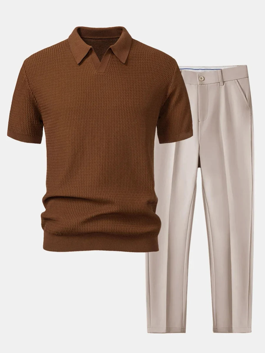 Men's Textured Knit Polo and Tailored Trousers Set