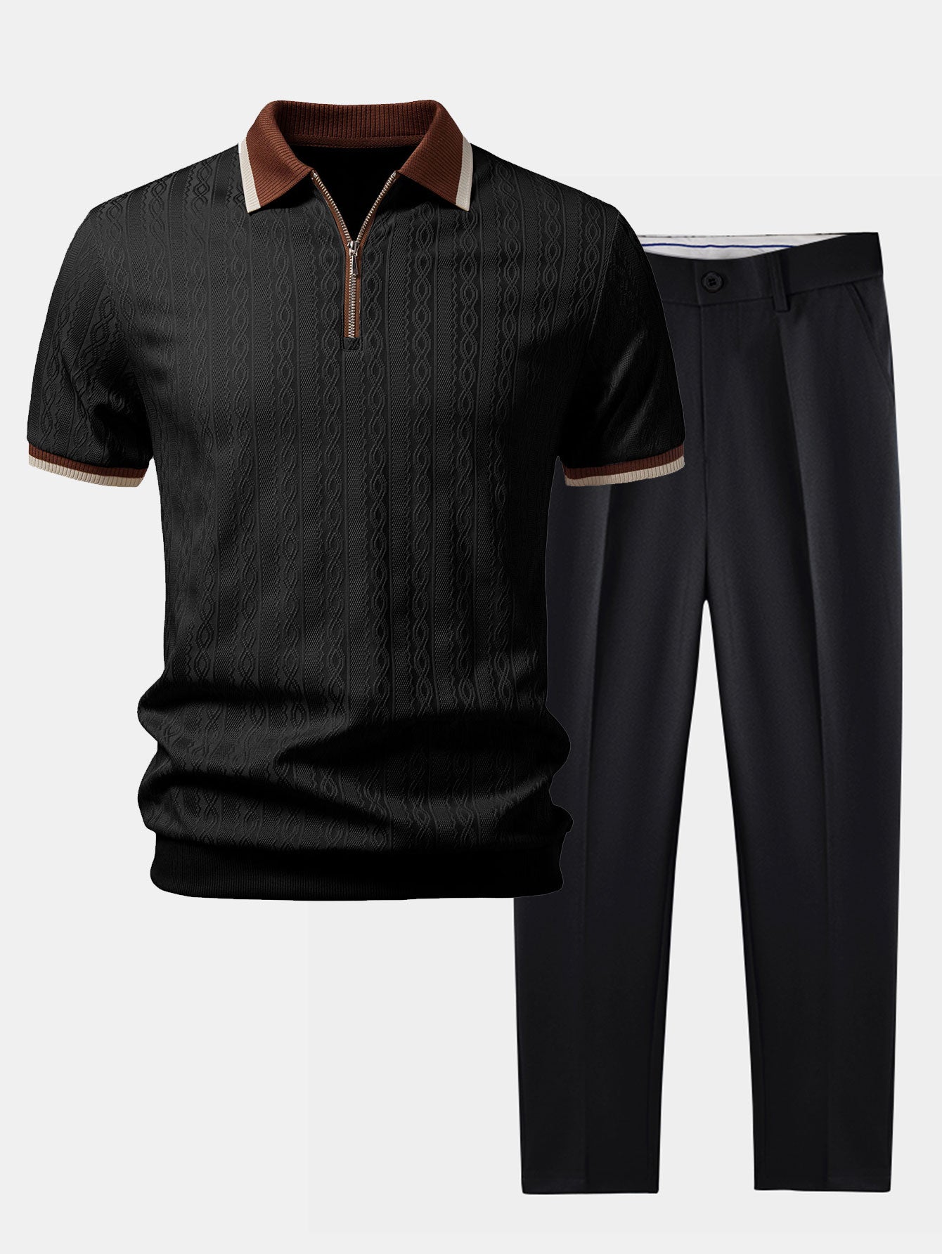Men's Textured Knit Polo and Tapered Trousers Set