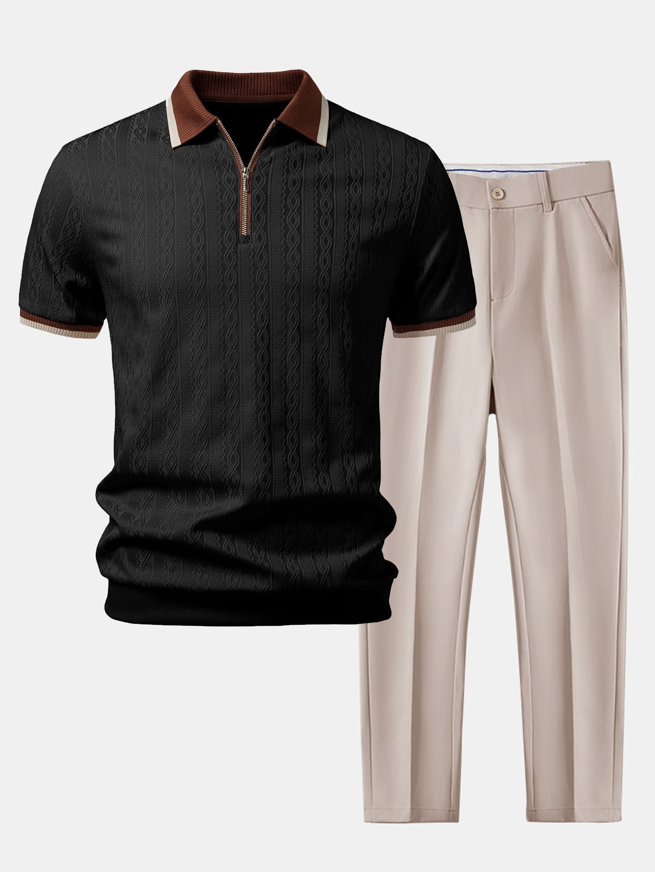 Men's Textured Knit Polo and Tapered Trousers Set