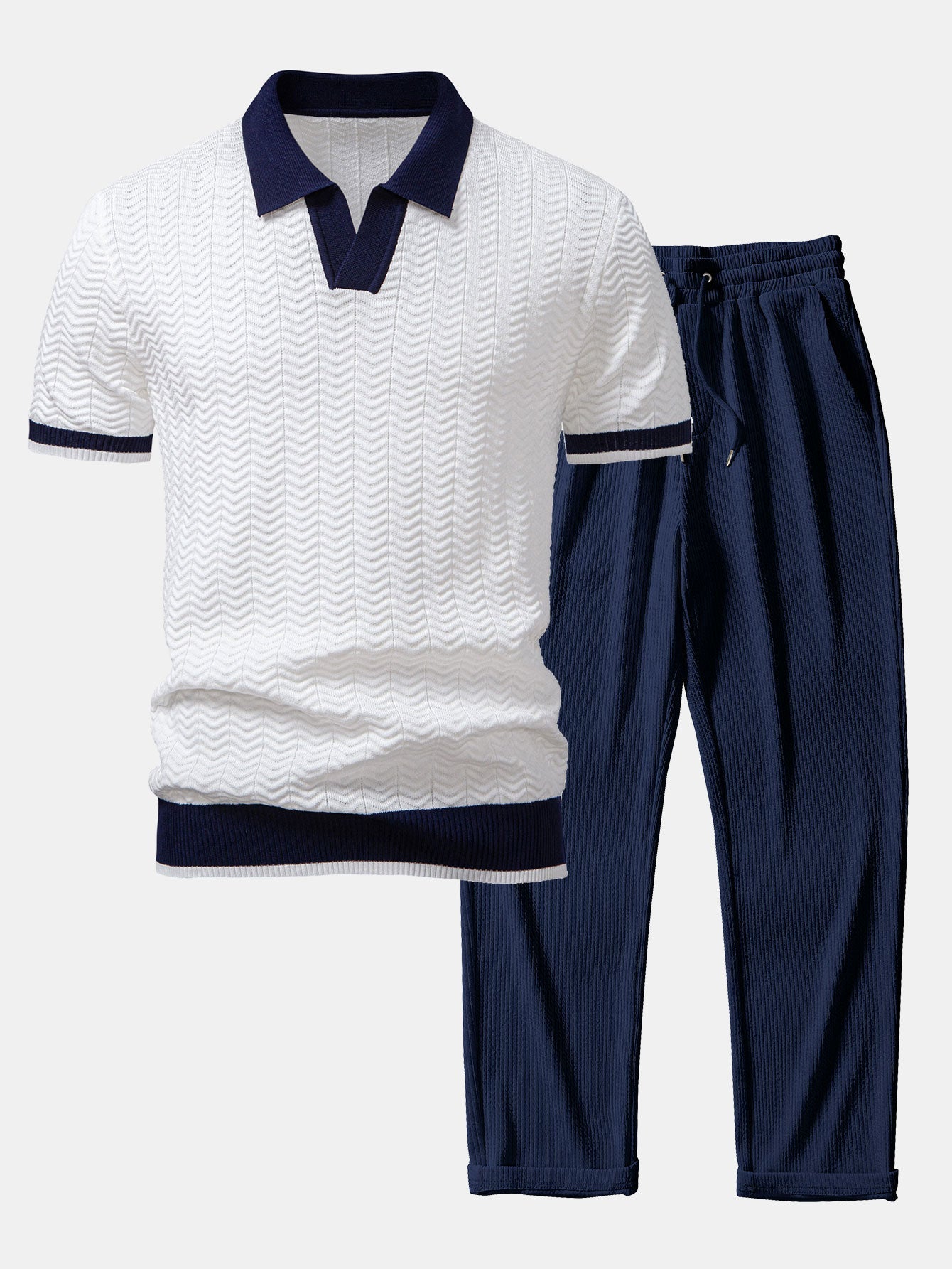Men's Textured Knit V-Neck Polo Shirt and Ribbed Pants Set