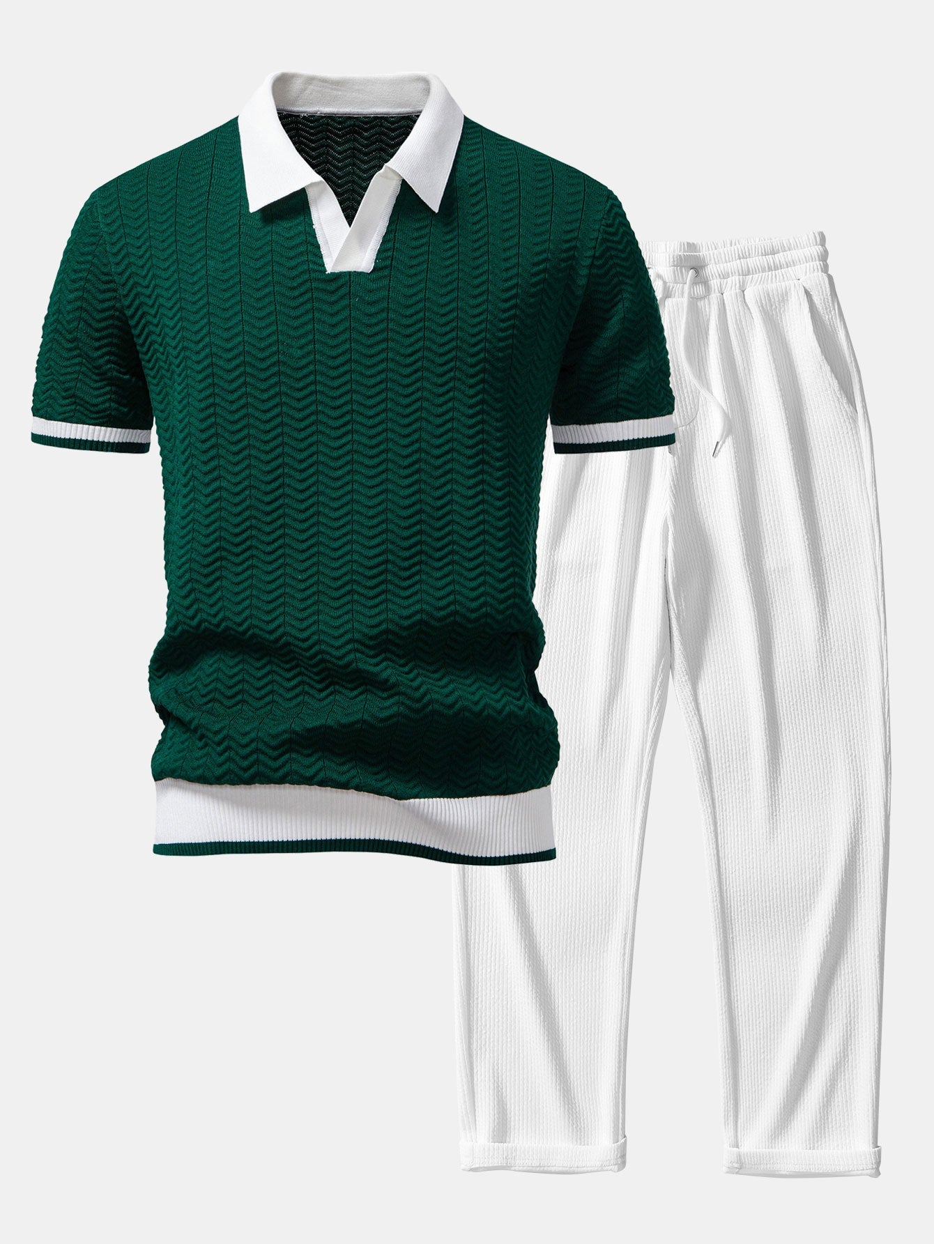 Men's Textured Knit V-Neck Polo Shirt and Ribbed Pants Set