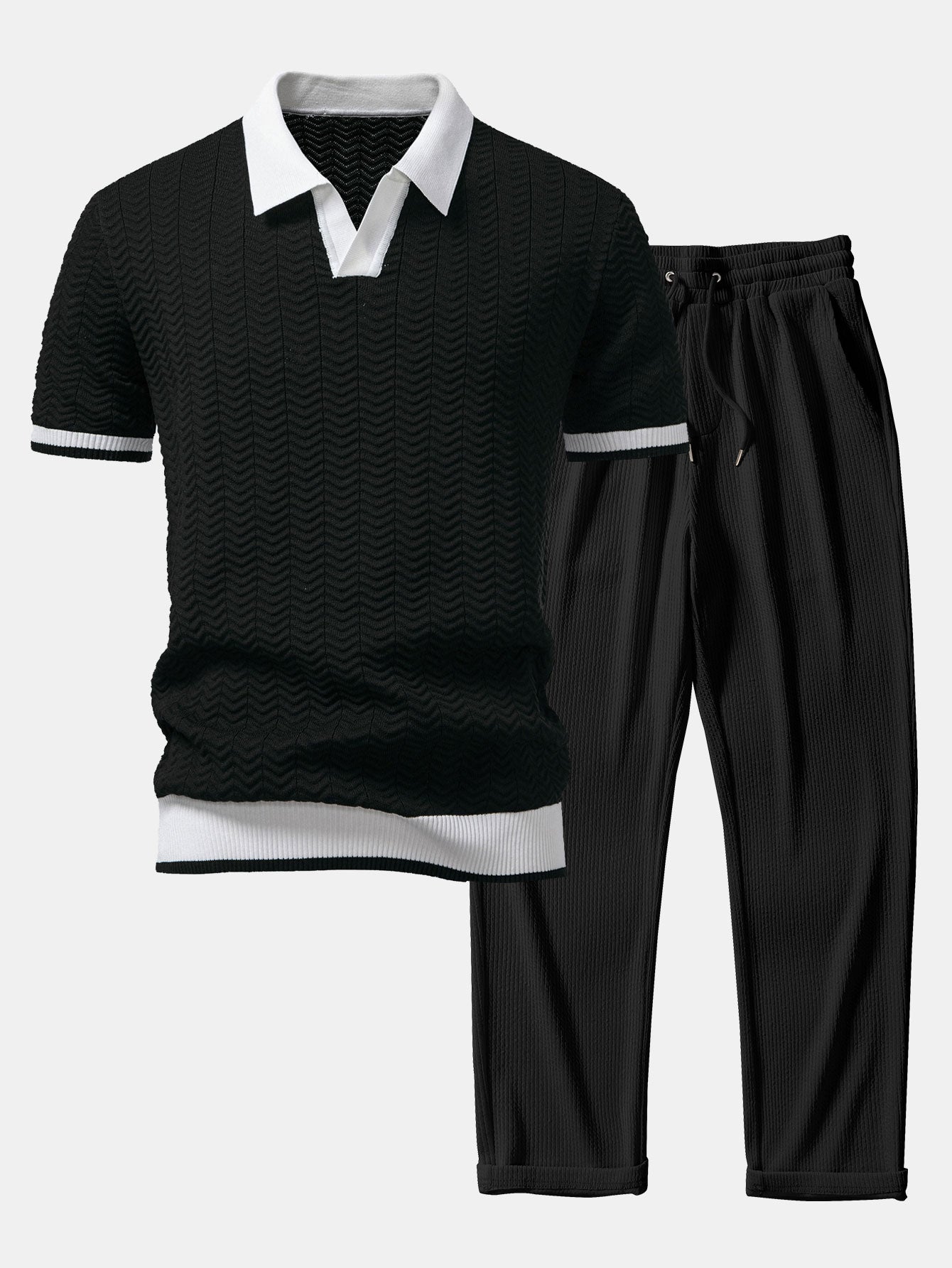 Men's Textured Knit V-Neck Polo Shirt and Ribbed Pants Set