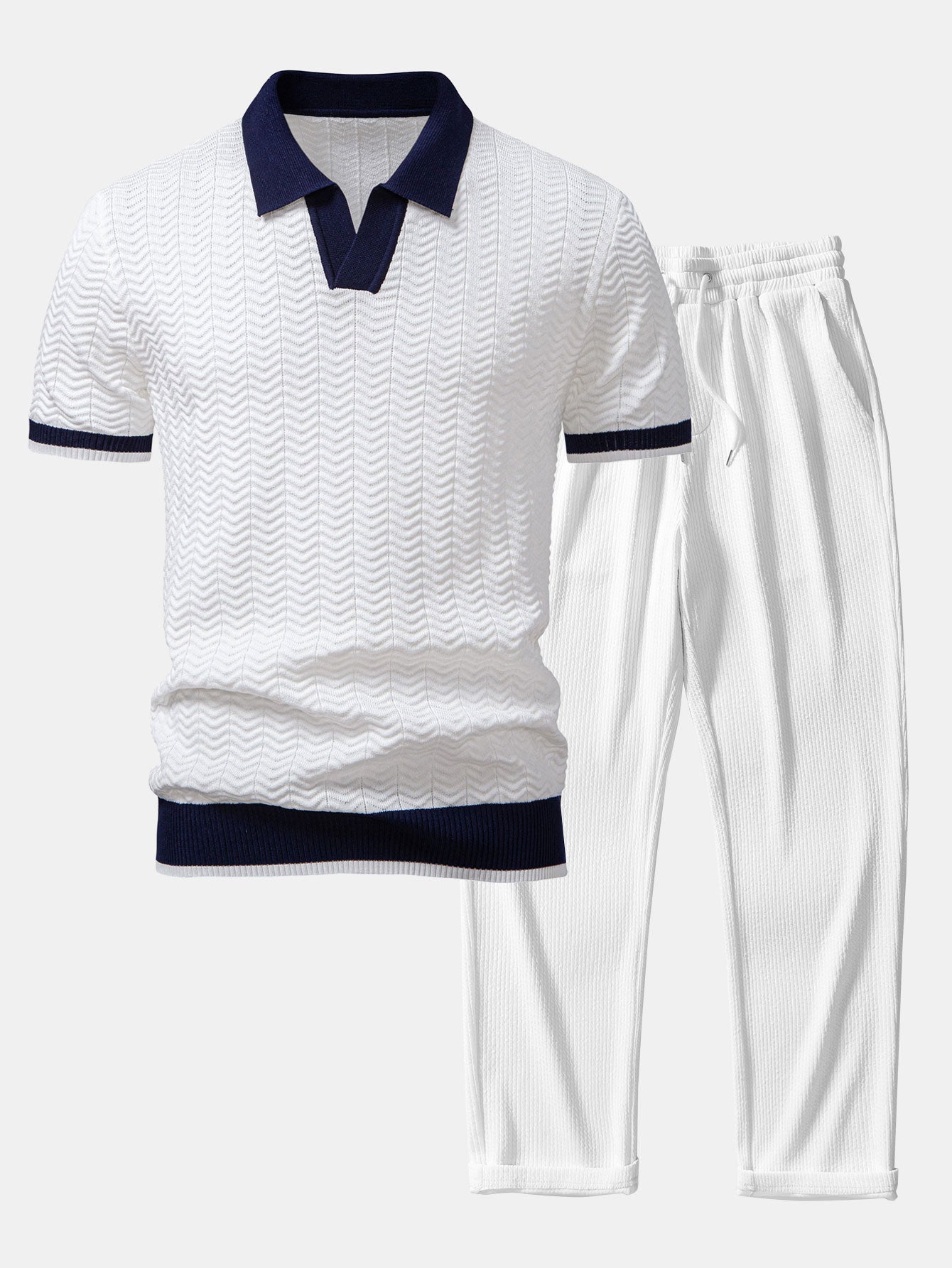 Men's Textured Knit V-Neck Polo Shirt and Ribbed Pants Set