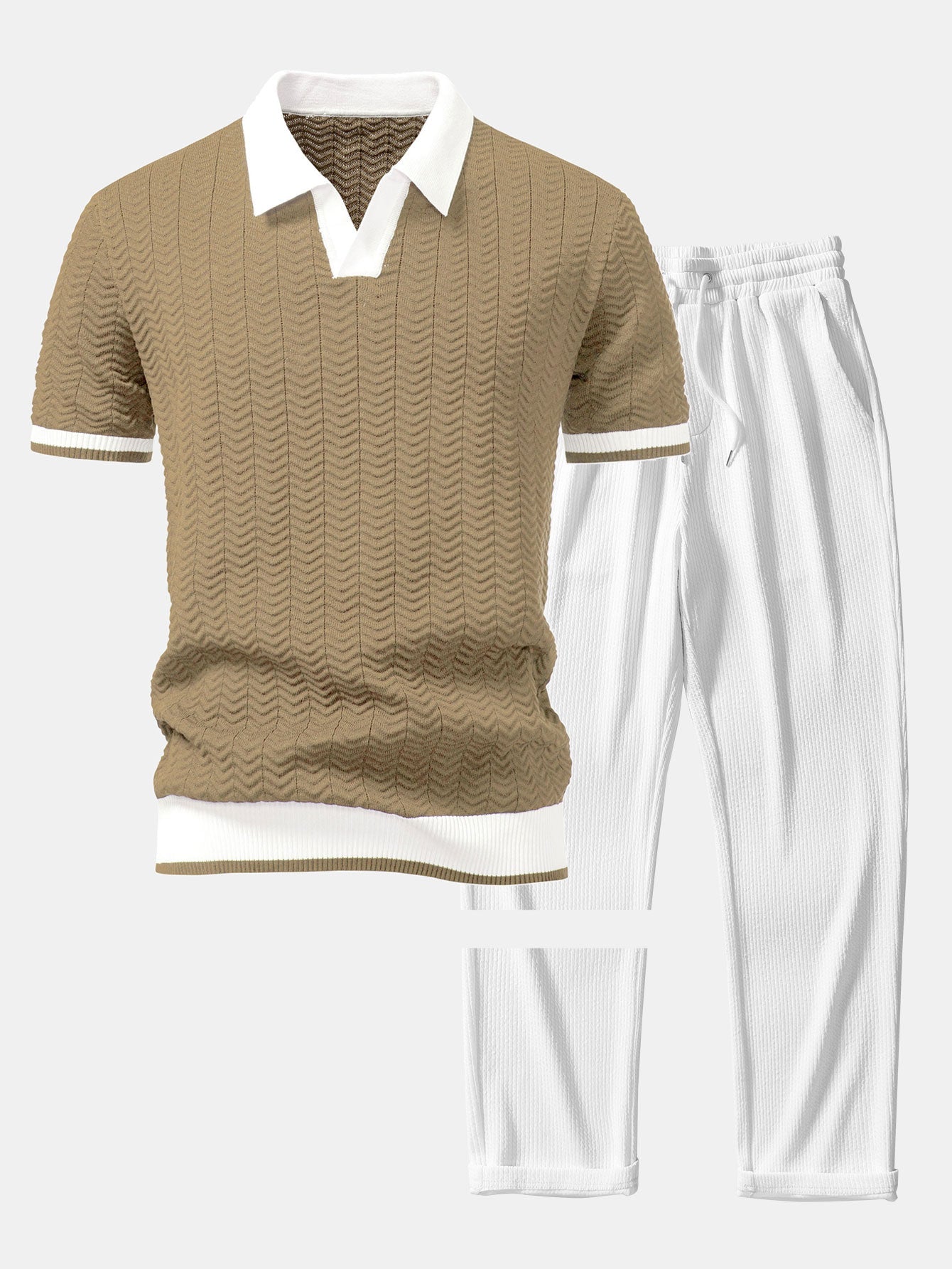 Men's Textured Knit V-Neck Polo Shirt and Ribbed Pants Set