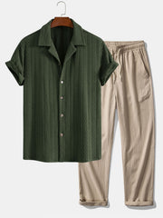 Men's Textured Short-Sleeve Button-Up Shirt and Drawstring Trousers Set