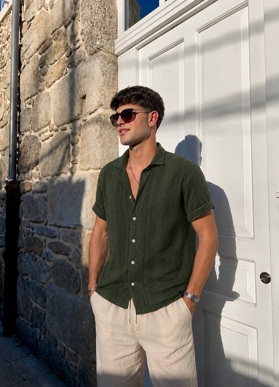Men's Textured Short-Sleeve Button-Up Shirt and Drawstring Trousers Set