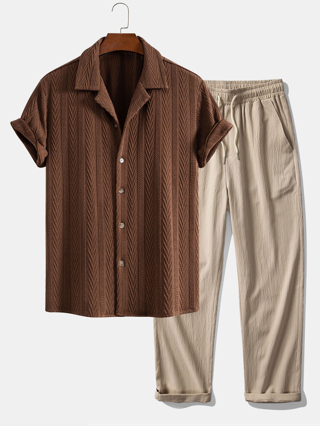 Men's Textured Short-Sleeve Button-Up Shirt and Drawstring Trousers Set