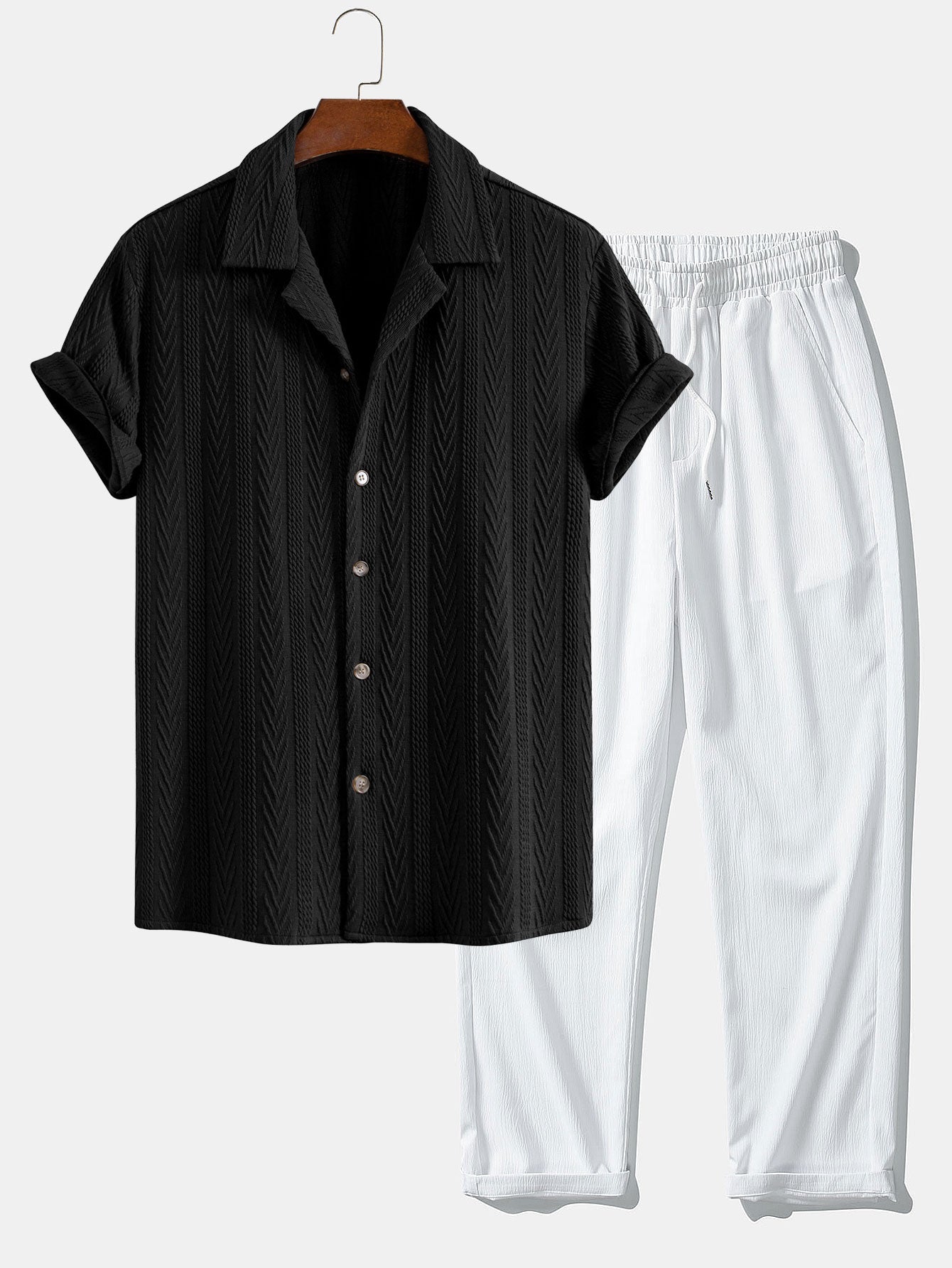 Men's Textured Short-Sleeve Button-Up Shirt and Drawstring Trousers Set