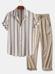 Men's Textured Striped Button-Up Shirt and Pants Set
