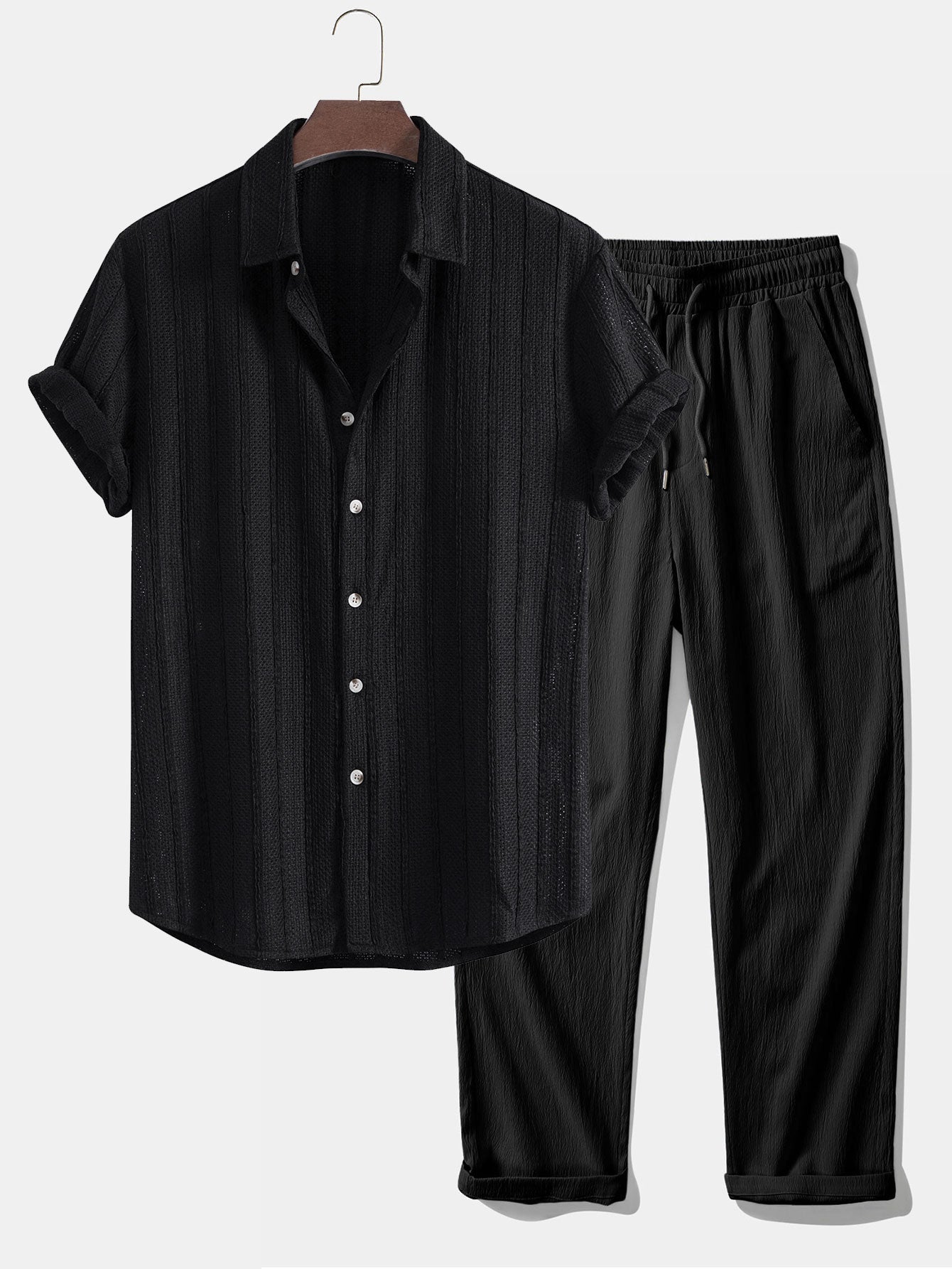 Men's Textured Striped Button-Up Shirt and Pants Set