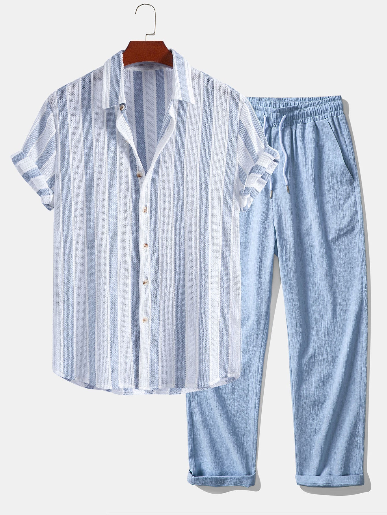 Men's Textured Striped Button-Up Shirt and Pants Set
