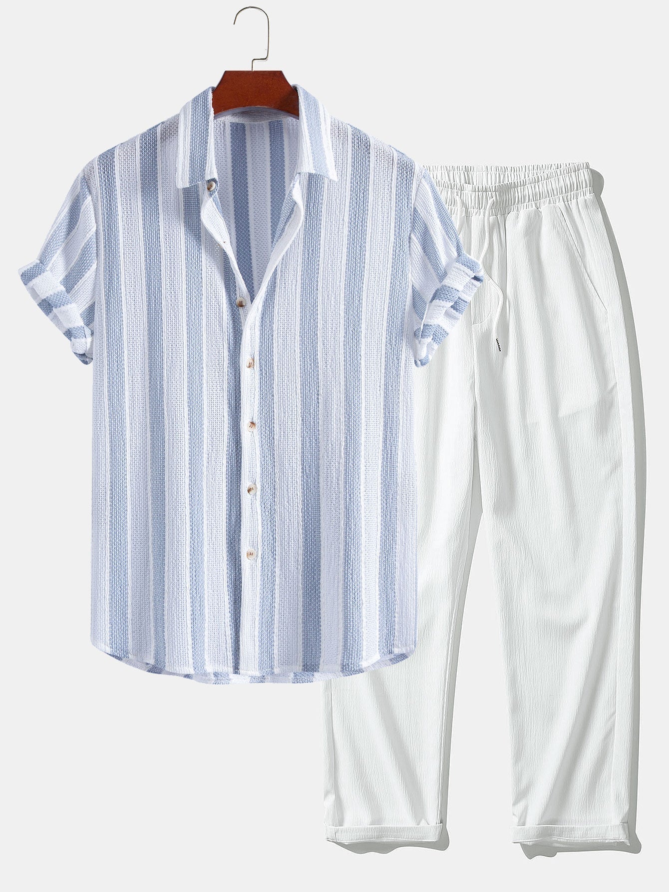 Men's Textured Striped Button-Up Shirt and Pants Set