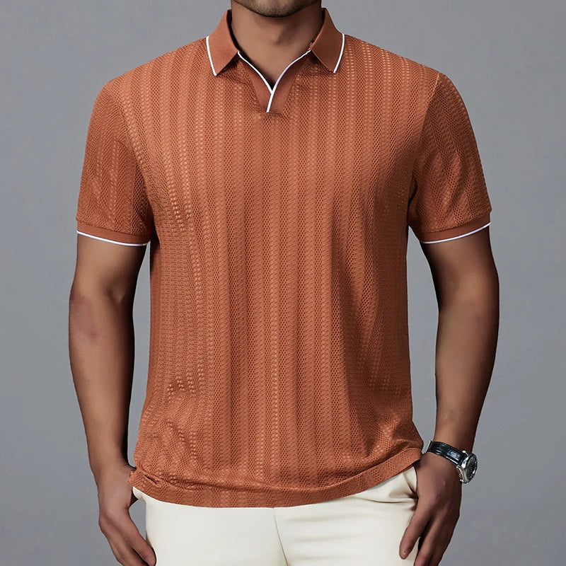 Men's Textured Woven Long Sleeve Polo Shirt