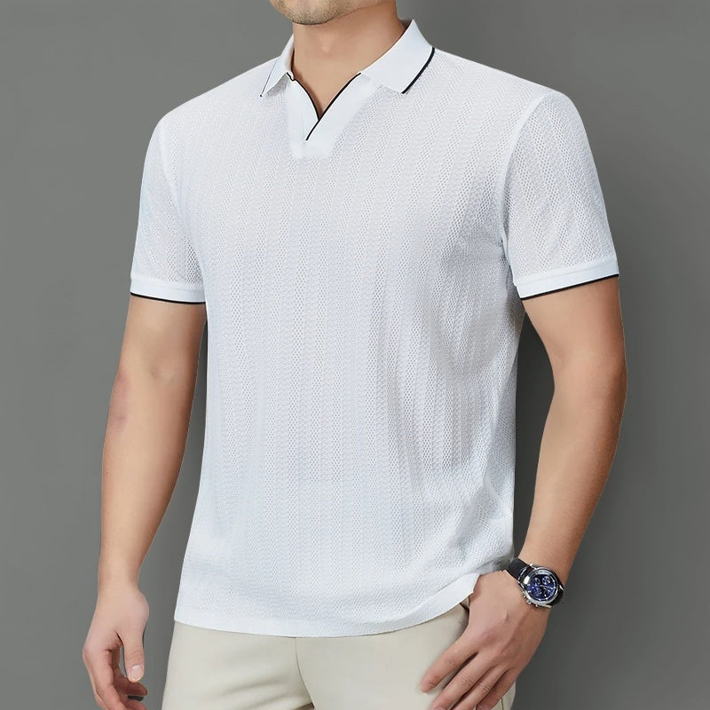 Men's Textured Woven Long Sleeve Polo Shirt