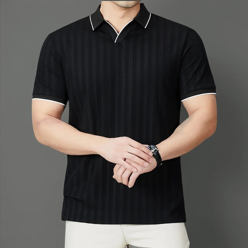Men's Textured Woven Long Sleeve Polo Shirt