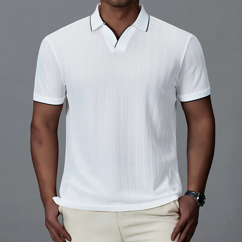 Men's Textured Woven Long Sleeve Polo Shirt
