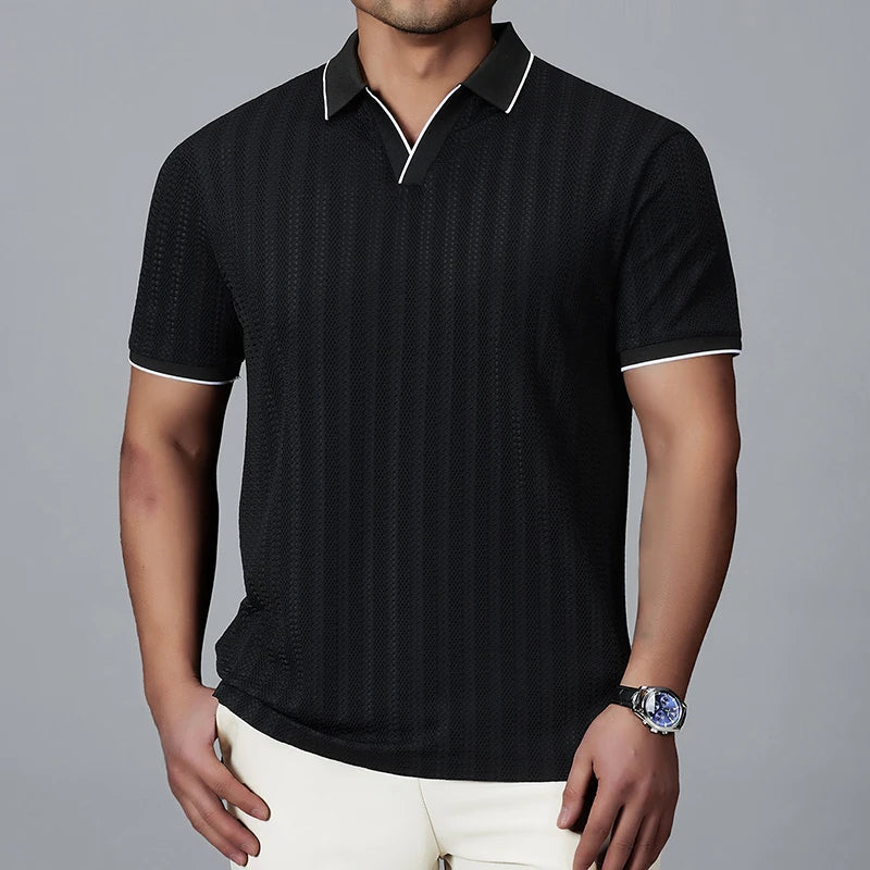 Men's Textured Woven Long Sleeve Polo Shirt