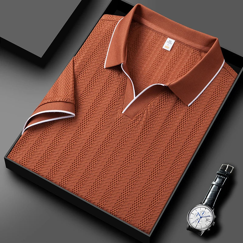 Men's Textured Woven Long Sleeve Polo Shirt