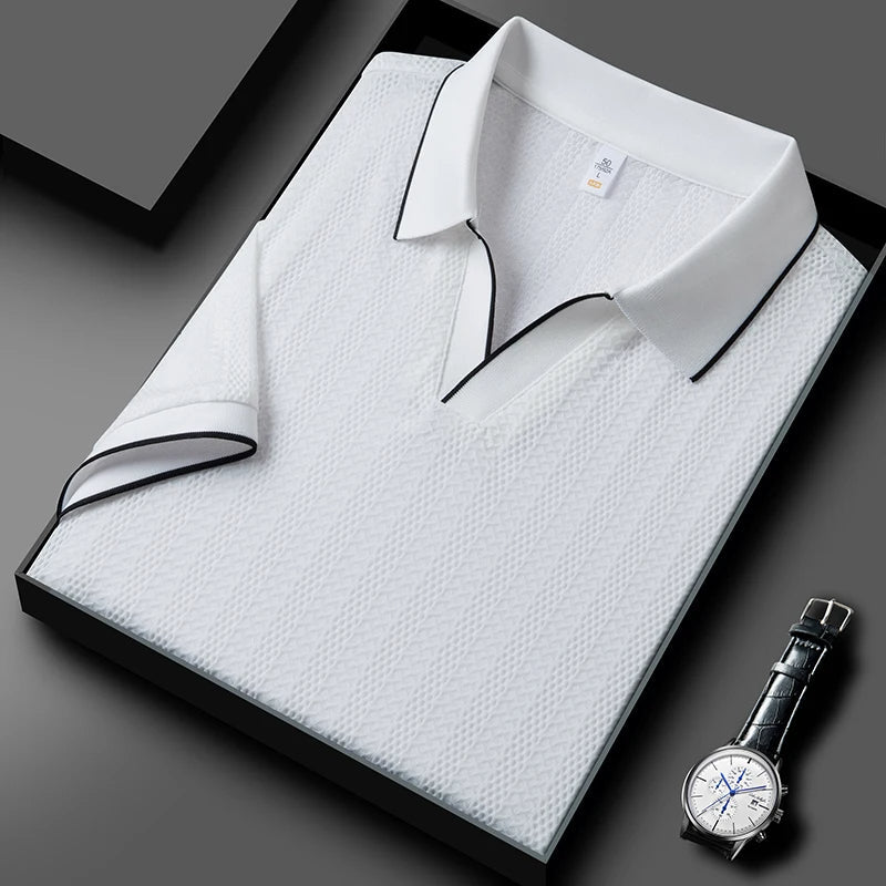 Men's Textured Woven Long Sleeve Polo Shirt