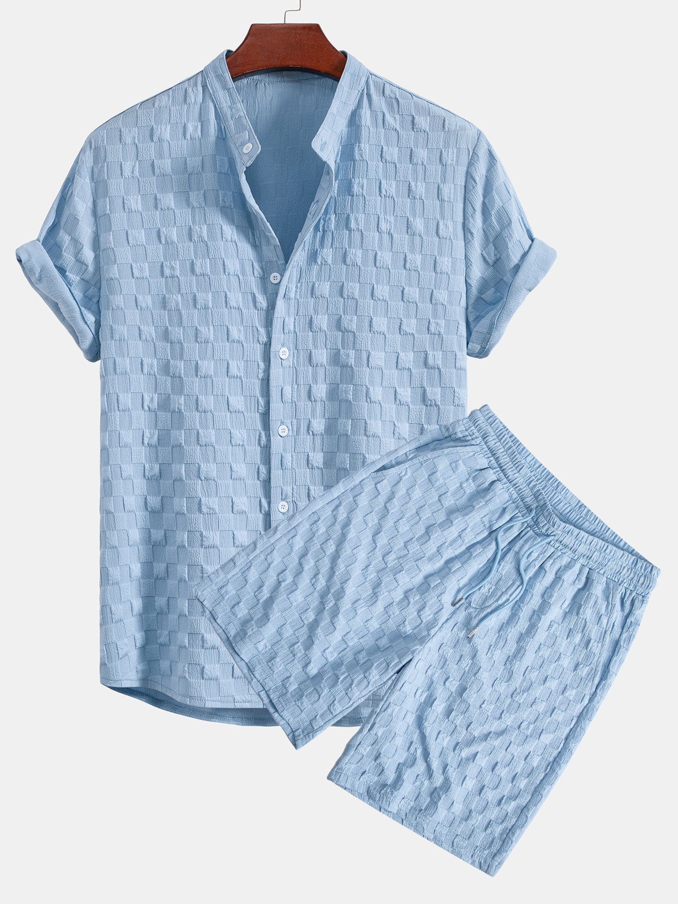 Men's Textured Woven Turtleneck Shirt and Shorts Set