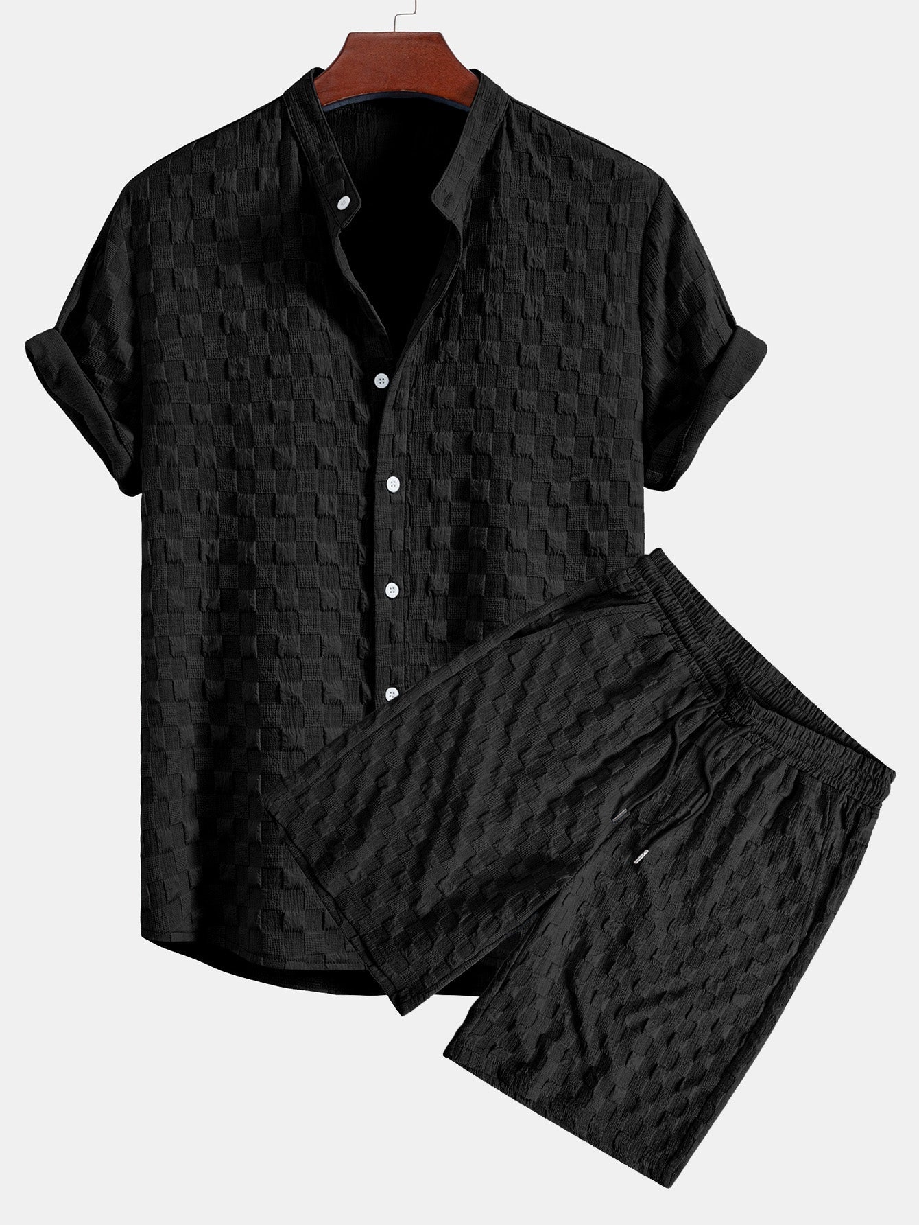 Men's Textured Woven Turtleneck Shirt and Shorts Set