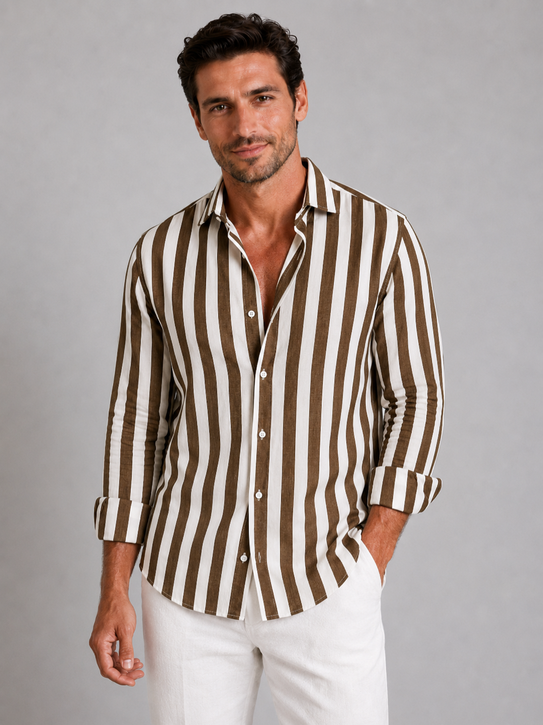 Men's Vertical Striped Cotton Button-Down Shirt