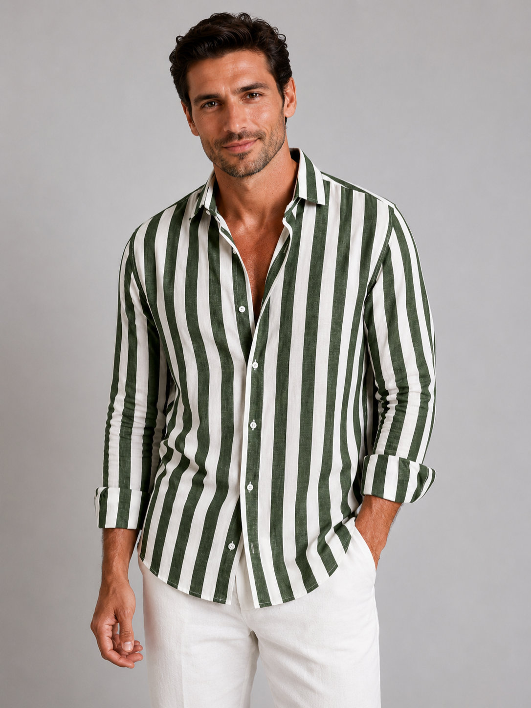 Men's Vertical Striped Cotton Button-Down Shirt