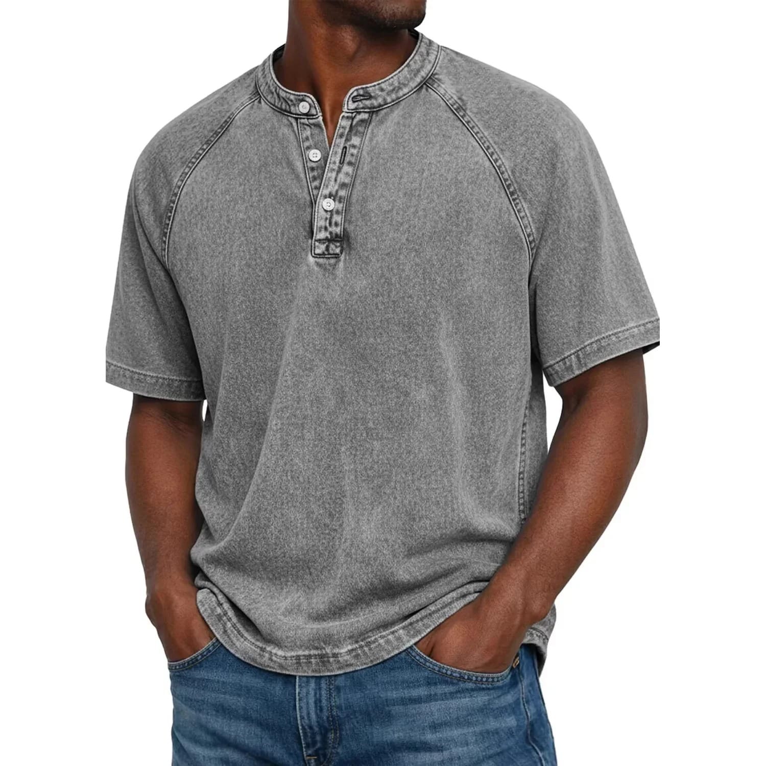 Men's Vintage Cotton Denim Henley Shirt