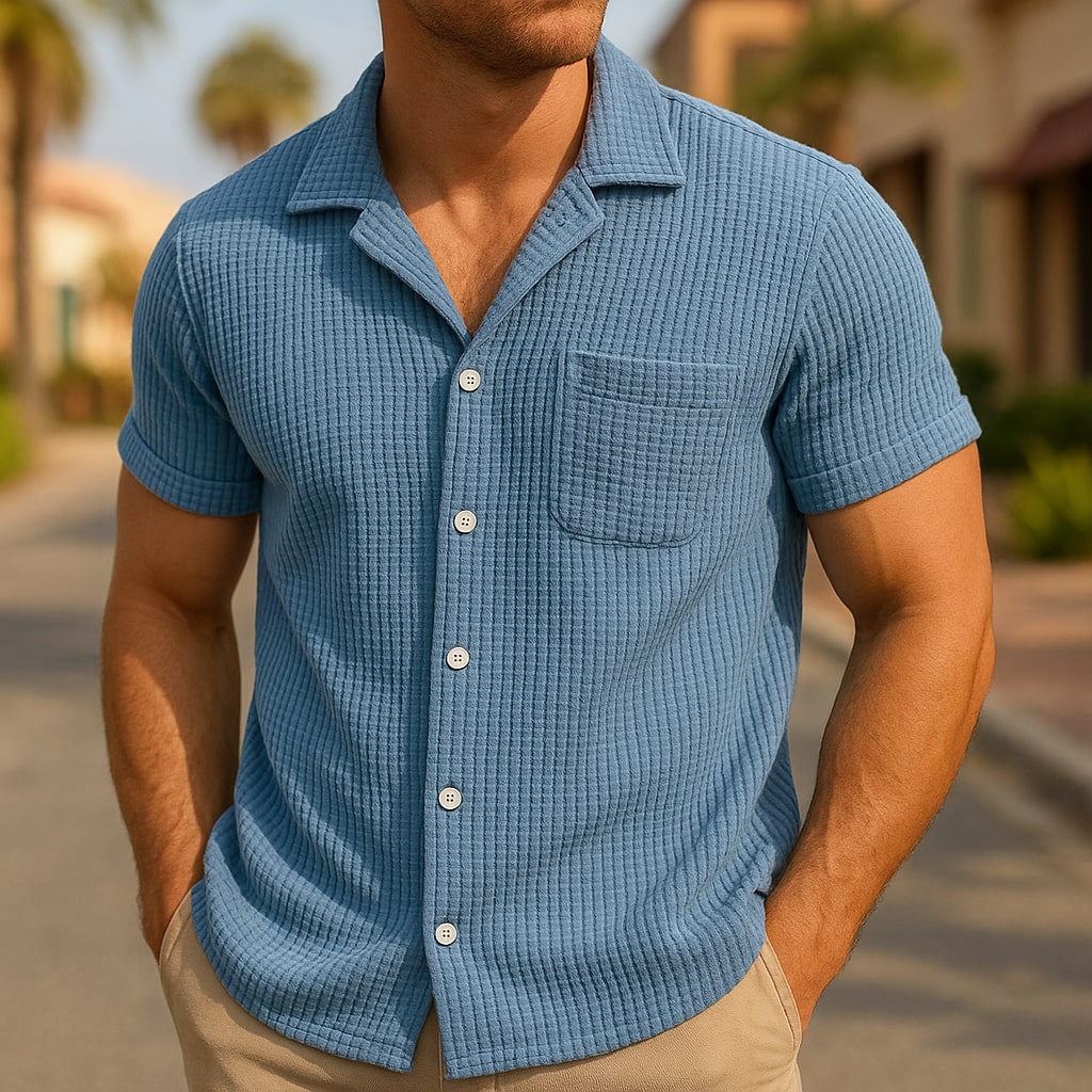 Men's Waffle-Knit Casual Button-Up Shirt
