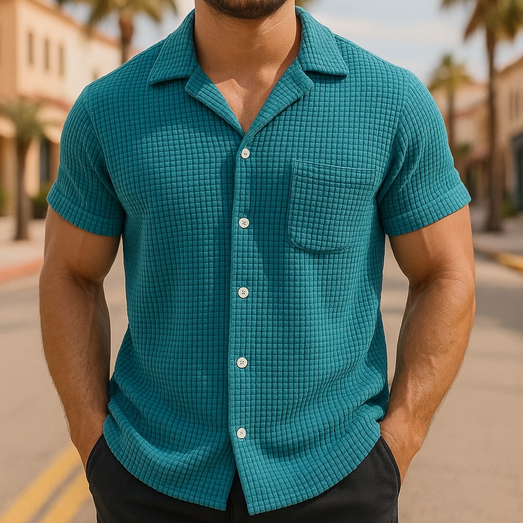 Men's Waffle-Knit Casual Button-Up Shirt