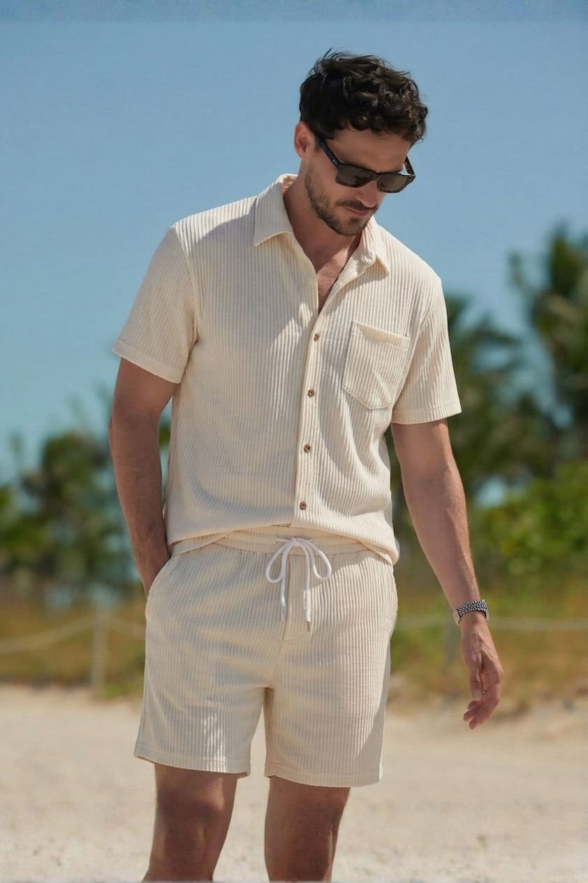 Men's Waffle-Textured Cotton-Blend Short-Sleeve Outfit
