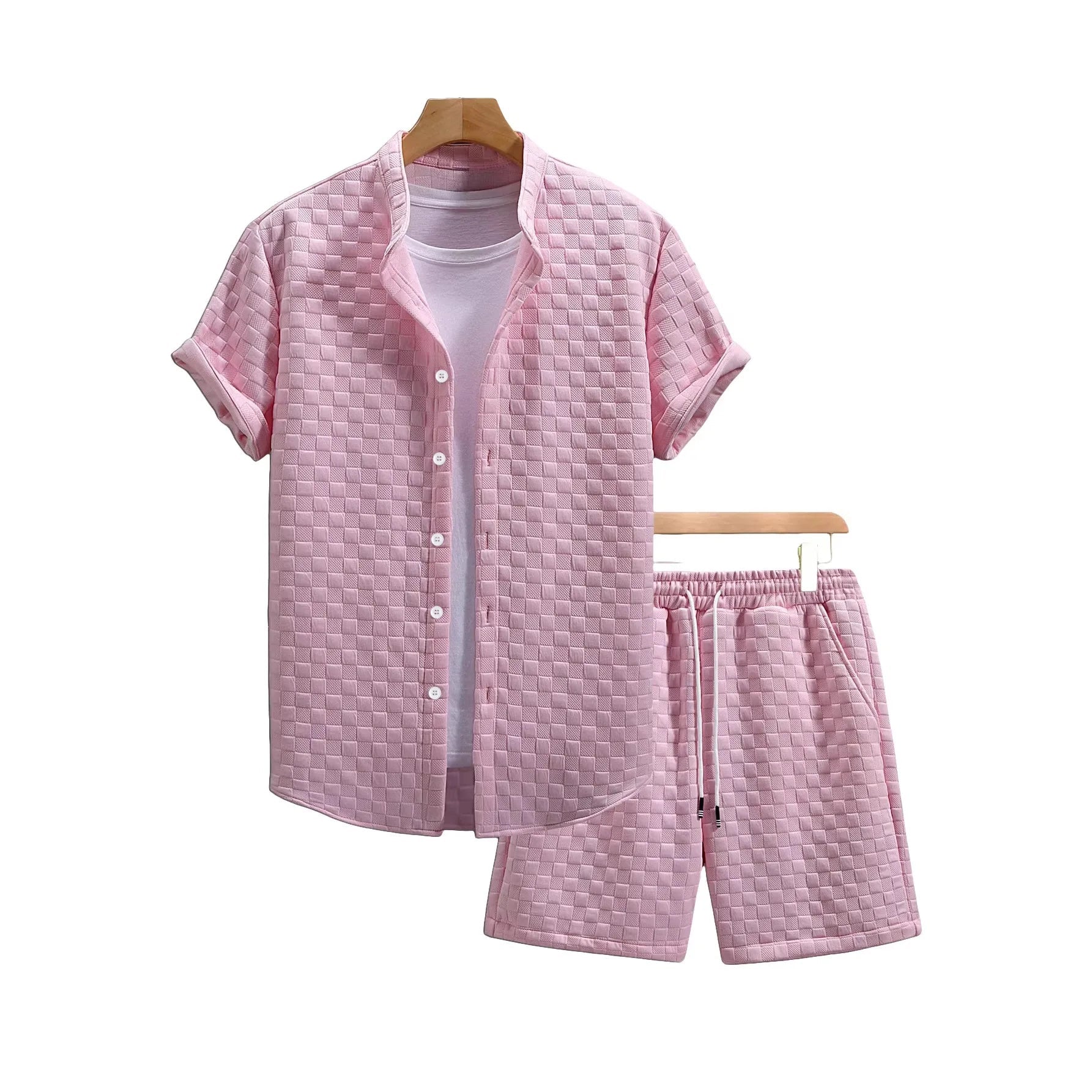 Men's Waffle Fabric Short Sleeve Shirt and Shorts Set