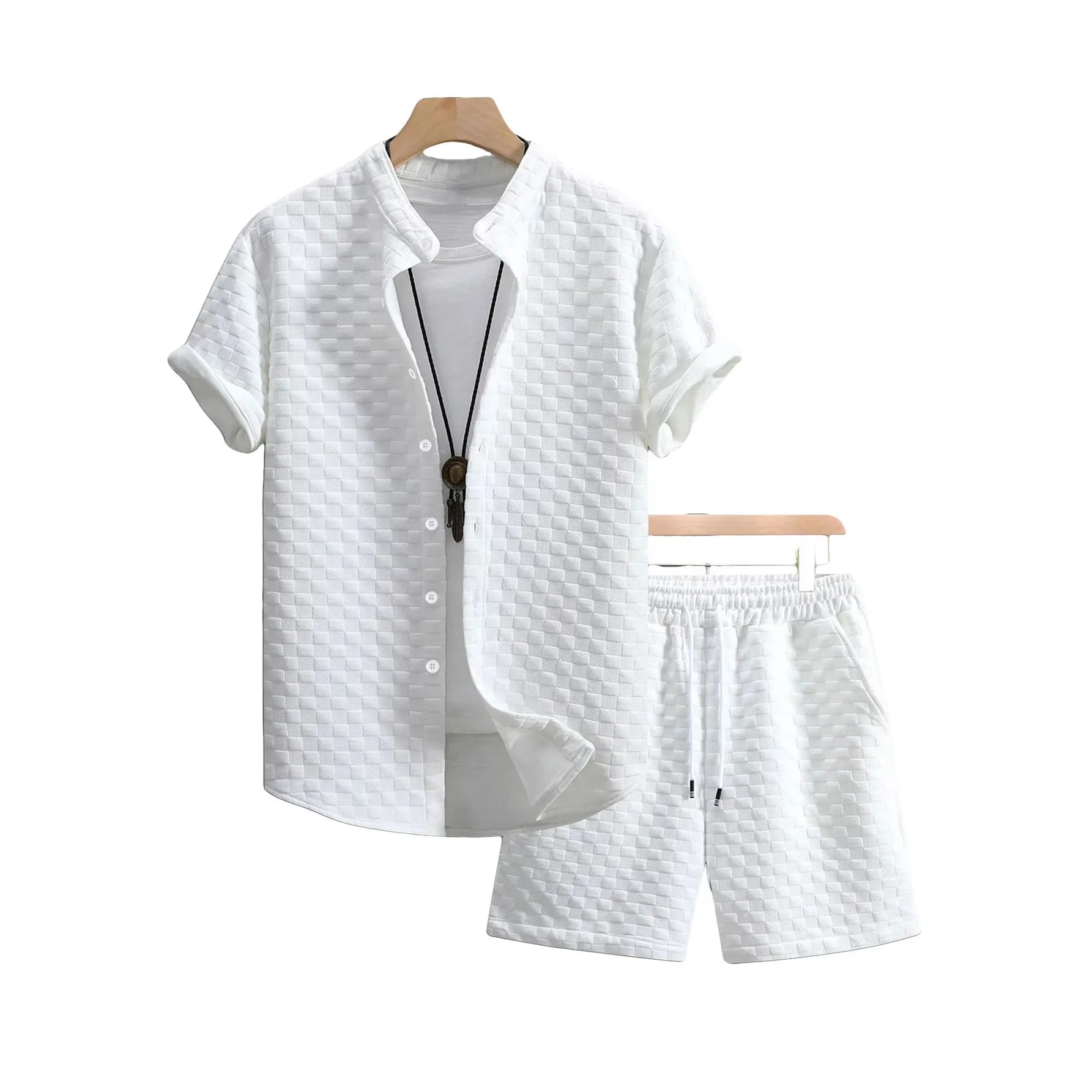 Men's Waffle Fabric Short Sleeve Shirt and Shorts Set