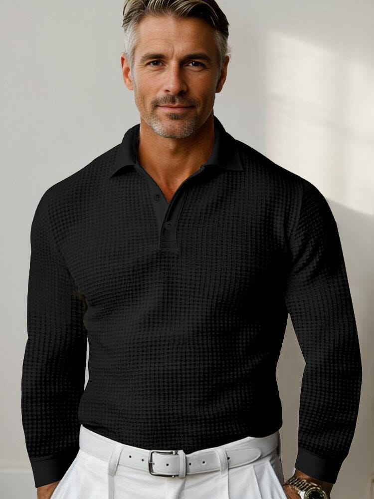 Men's Waffle Knit Long Sleeve Polo Shirt