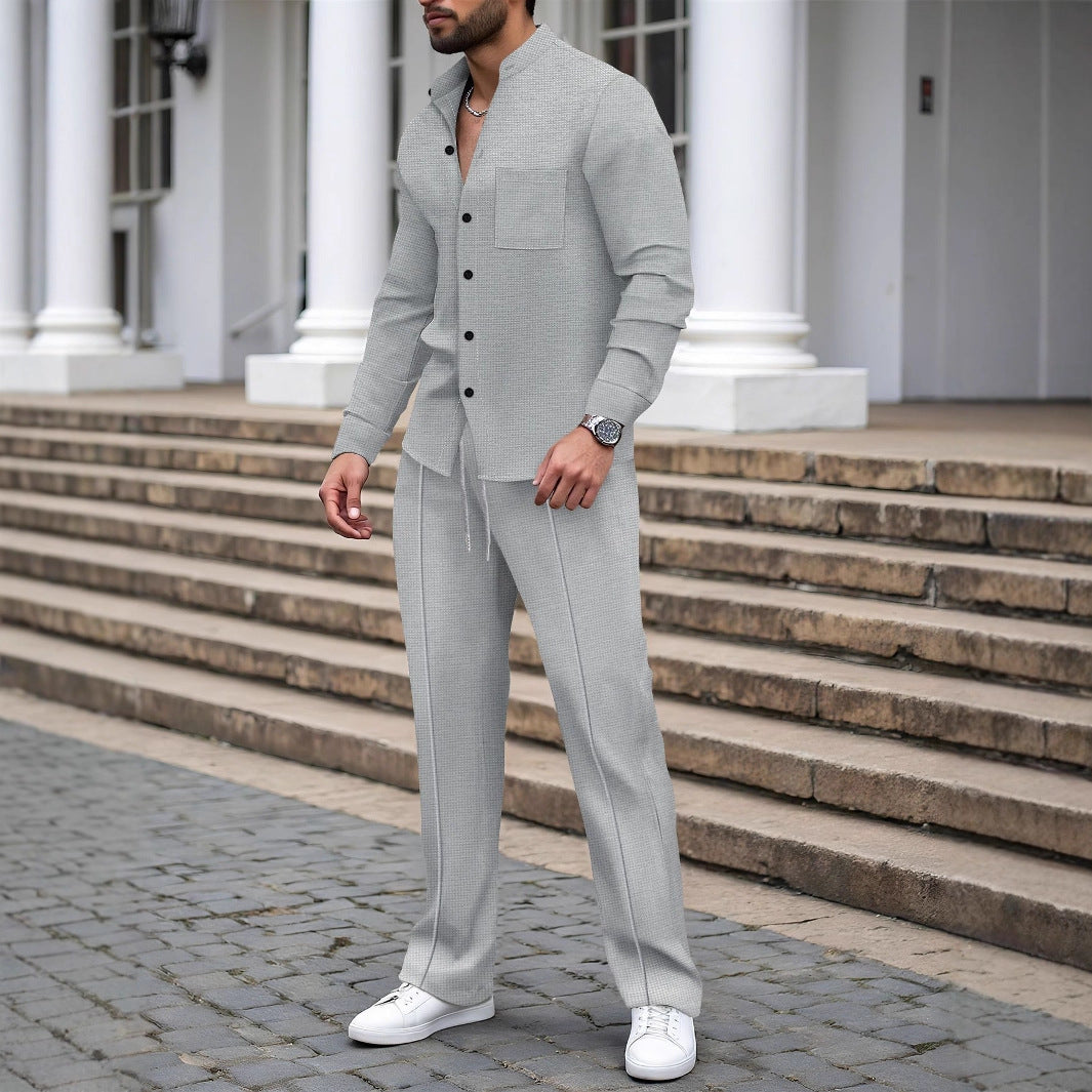 Men’s Waffle Knit Shirt and Pants Set – Smart Casual Outfit