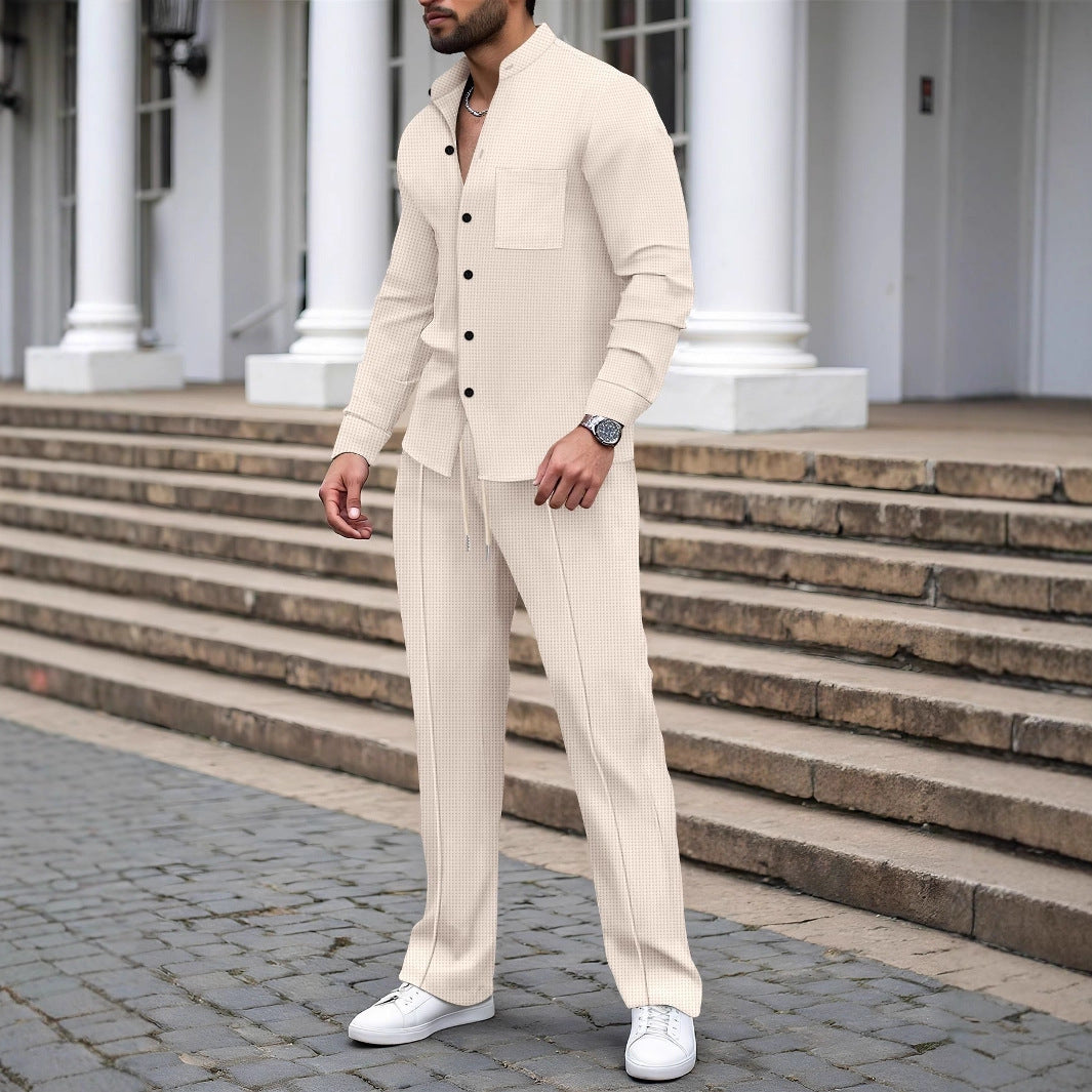 Men’s Waffle Knit Shirt and Pants Set – Smart Casual Outfit