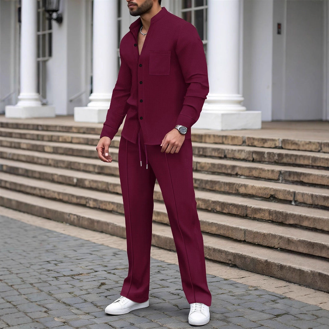 Men’s Waffle Knit Shirt and Pants Set – Smart Casual Outfit