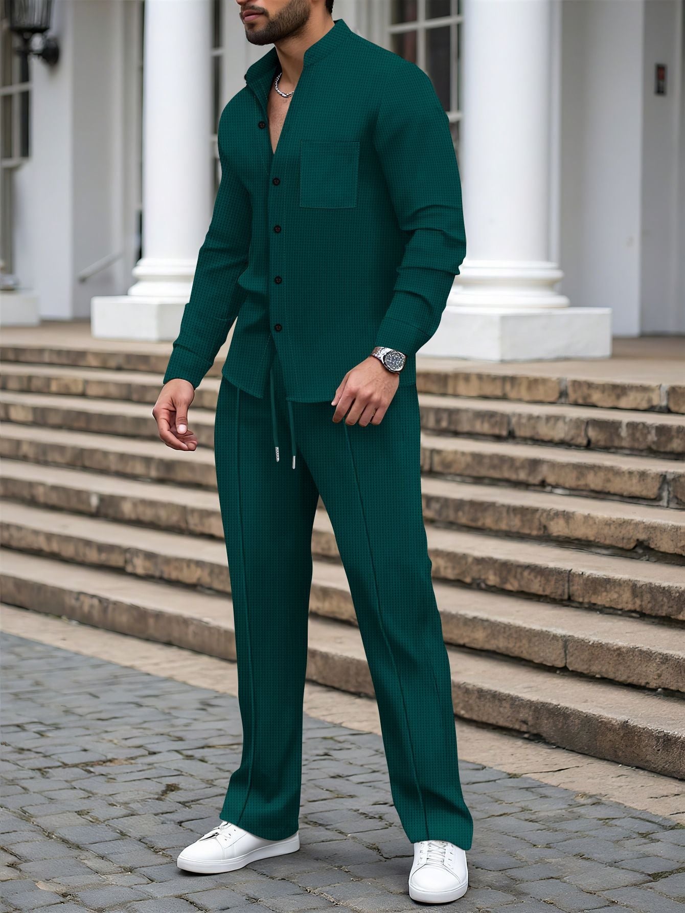 Men’s Waffle Knit Shirt and Pants Set – Smart Casual Outfit