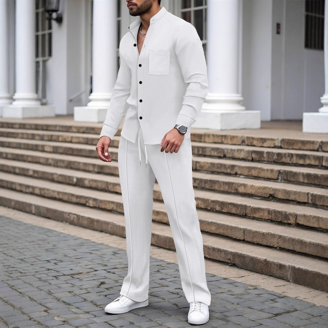 Men’s Waffle Knit Shirt and Pants Set – Smart Casual Outfit