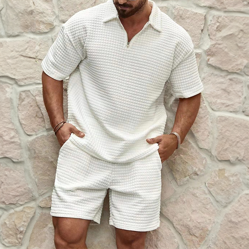 Men's Waffle Texture Zip Polo and Shorts Set