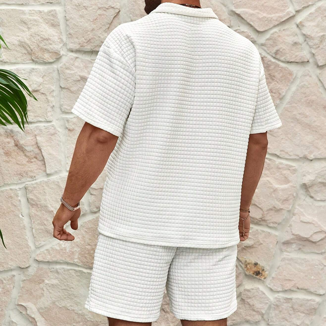Men's Waffle Texture Zip Polo and Shorts Set