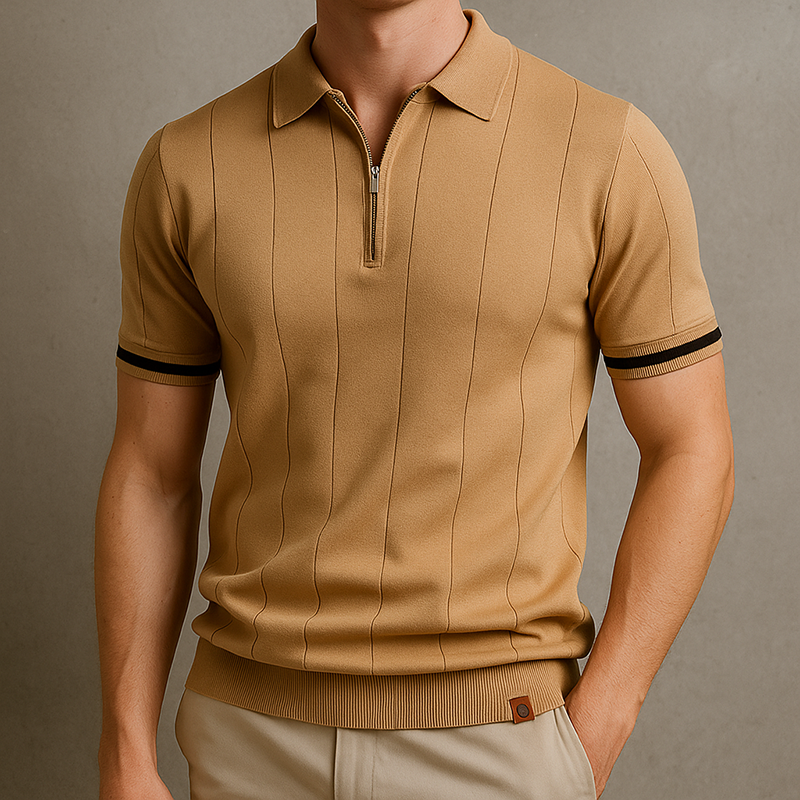 Men's Zip-Knit Polo Shirt with Ribbed Detailing