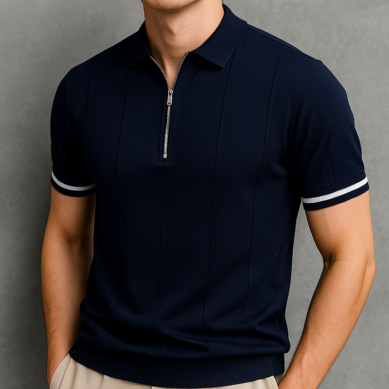 Men's Zip-Knit Polo Shirt with Ribbed Detailing