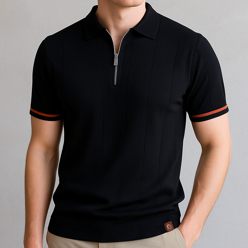 Men's Zip-Knit Polo Shirt with Ribbed Detailing
