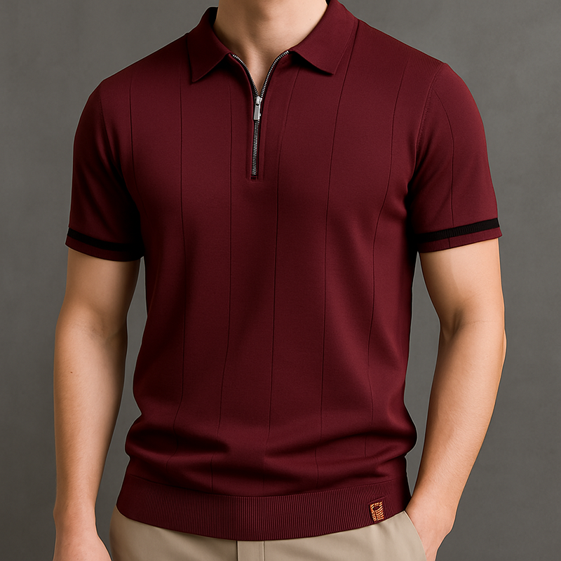 Men's Zip-Knit Polo Shirt with Ribbed Detailing