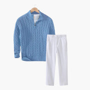 Men's Zipped Cable Sweater and Fitted Trousers Outfit