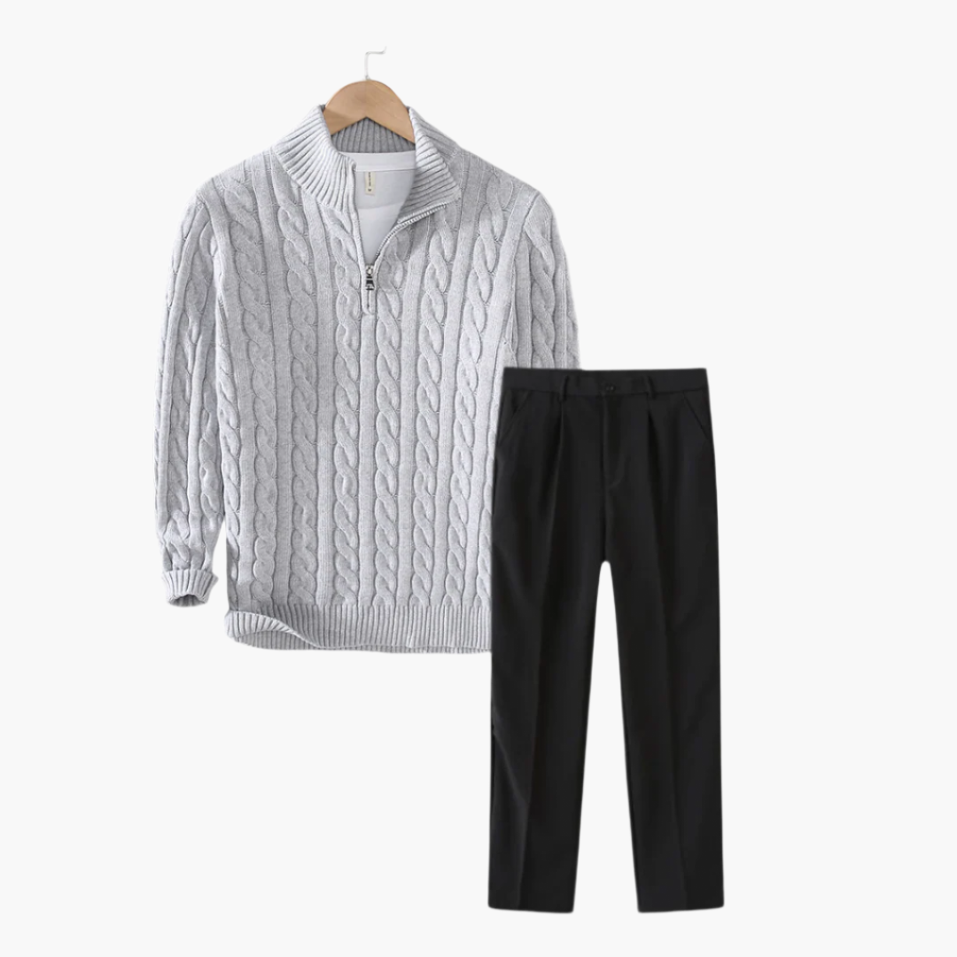 Men's Zipped Cable Sweater and Fitted Trousers Outfit