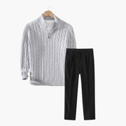 Men's Zipped Cable Sweater and Fitted Trousers Outfit