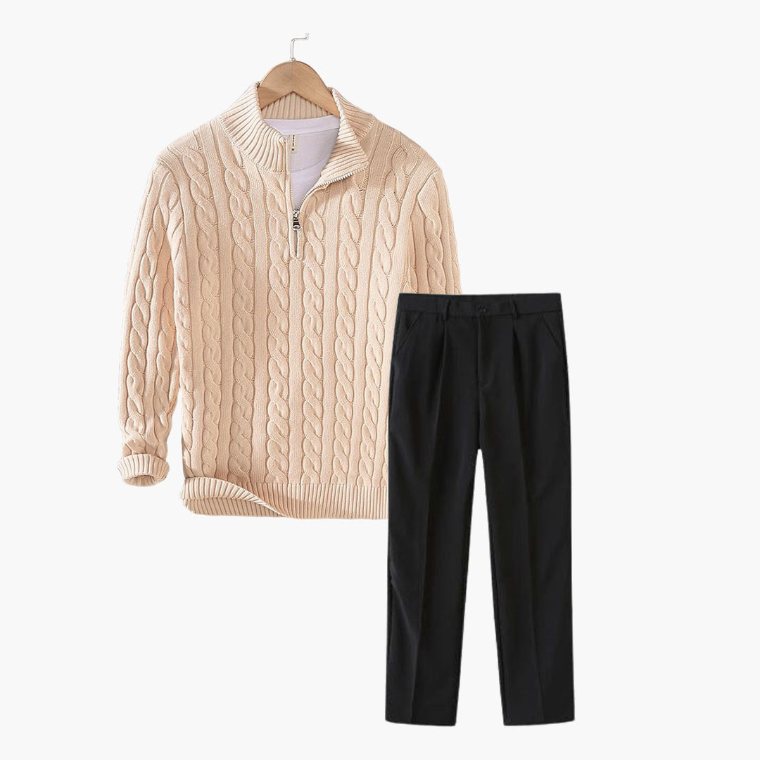 Men's Zipped Cable Sweater and Fitted Trousers Outfit