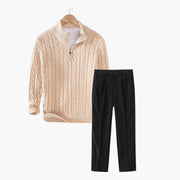 Men's Zipped Cable Sweater and Fitted Trousers Outfit